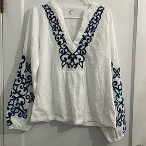 VENUS White Blouse with Navy Embroidery